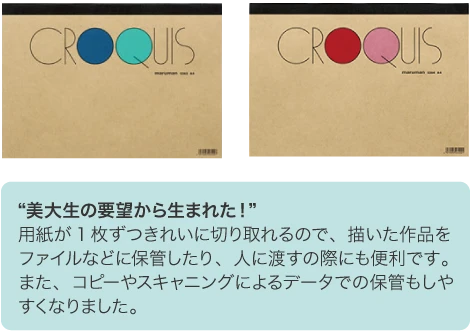 美大生の要望から生まれた！用紙が1枚ずつきれいに切り取れるので、描いた作品をファイルなどに保管したり、人に渡すの際にも便利です。また、コピーやスキャニングによるデータでの保管もしやすくなりました。