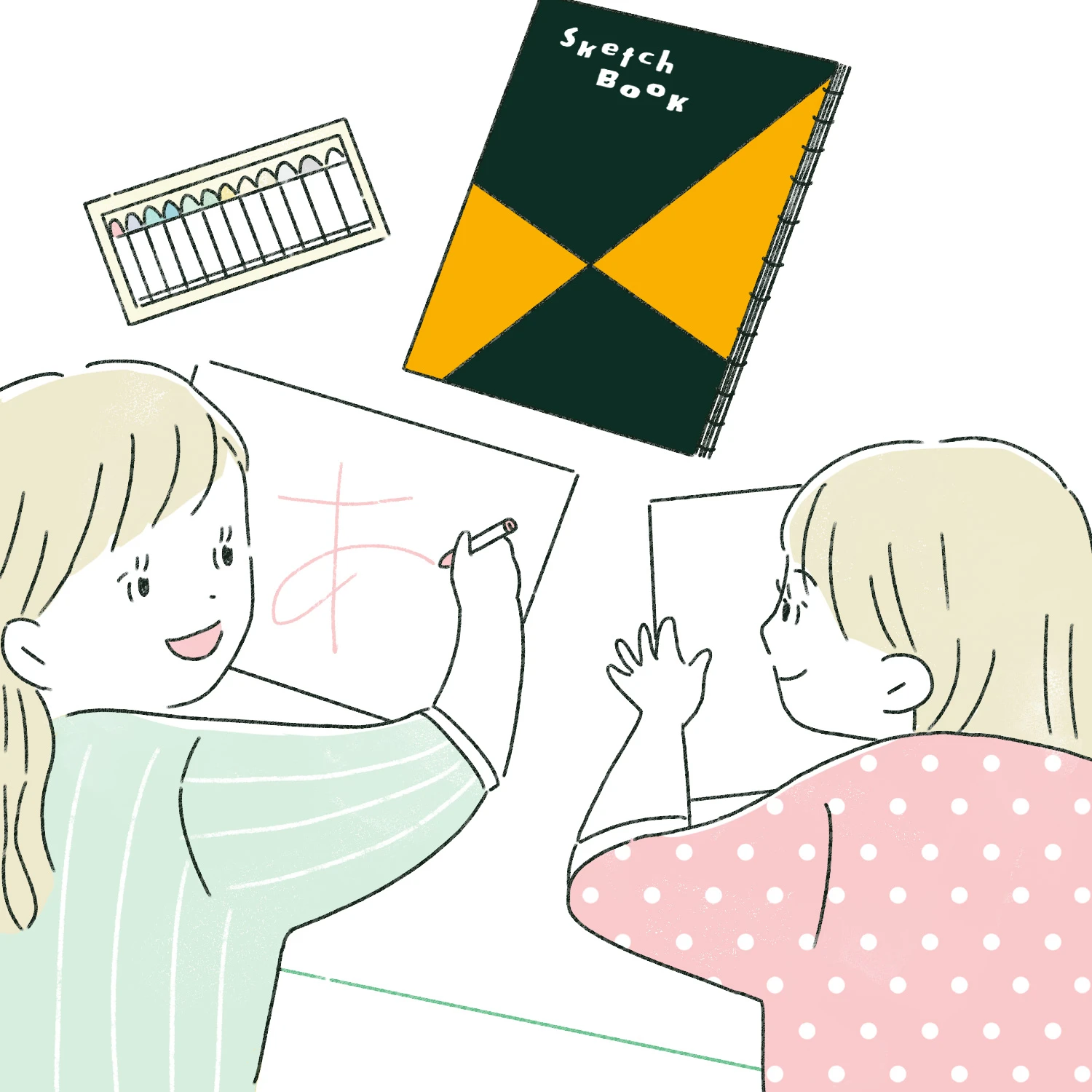 えんぴつを持つ前でも、クレヨンや好きな画材で、自由にのびのび、字の練習ができます。子どもの遊びの中に取り入れてみては？
